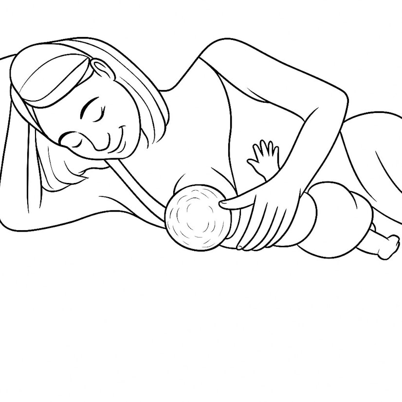 Parent breastfeeding an infant in a side-lying position, with both lying on their sides facing each other.