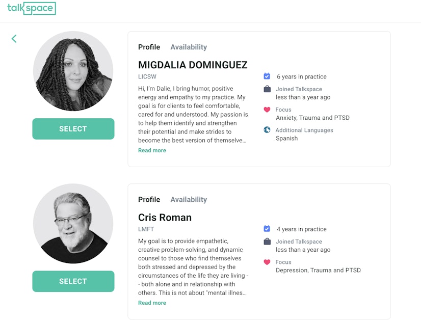 matching therapists and their info in talkspace