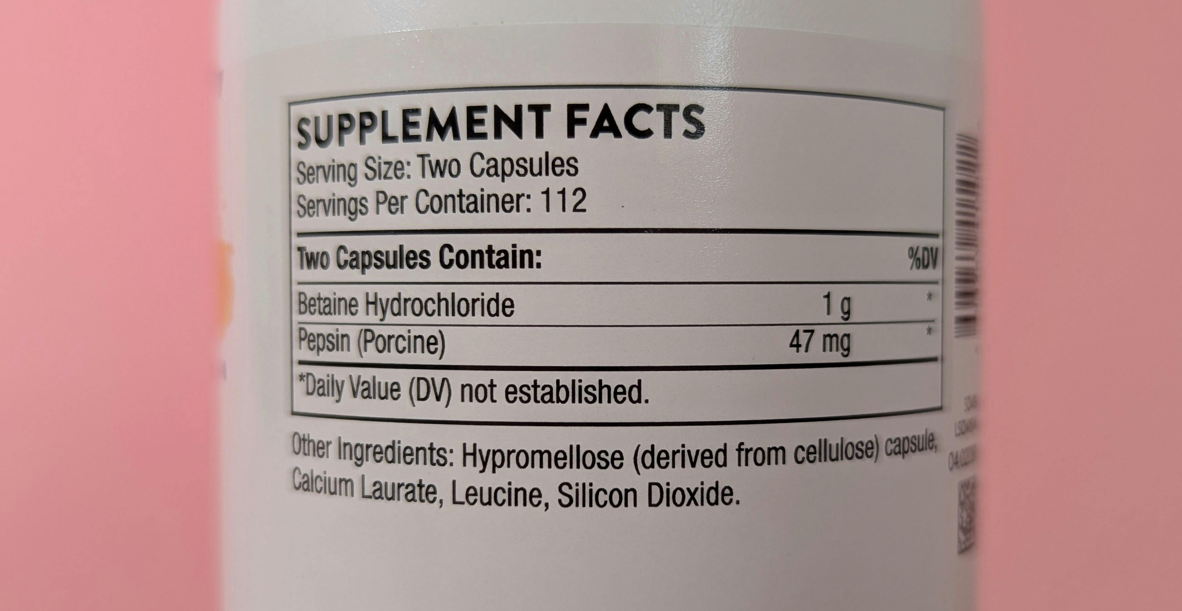 Thorne Betaine Pepsin Ingredients