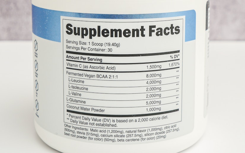 Transparent Labs BCAA Glutamine ingredients label