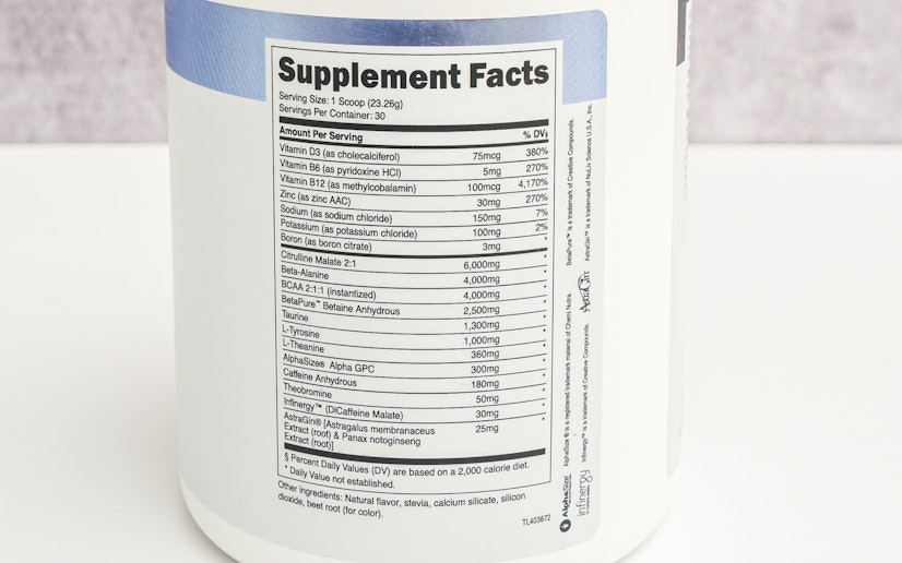 Transparent Labs Bulk pre-workout ingredients label