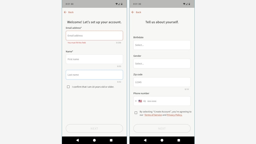 Truvaga Registration Screens