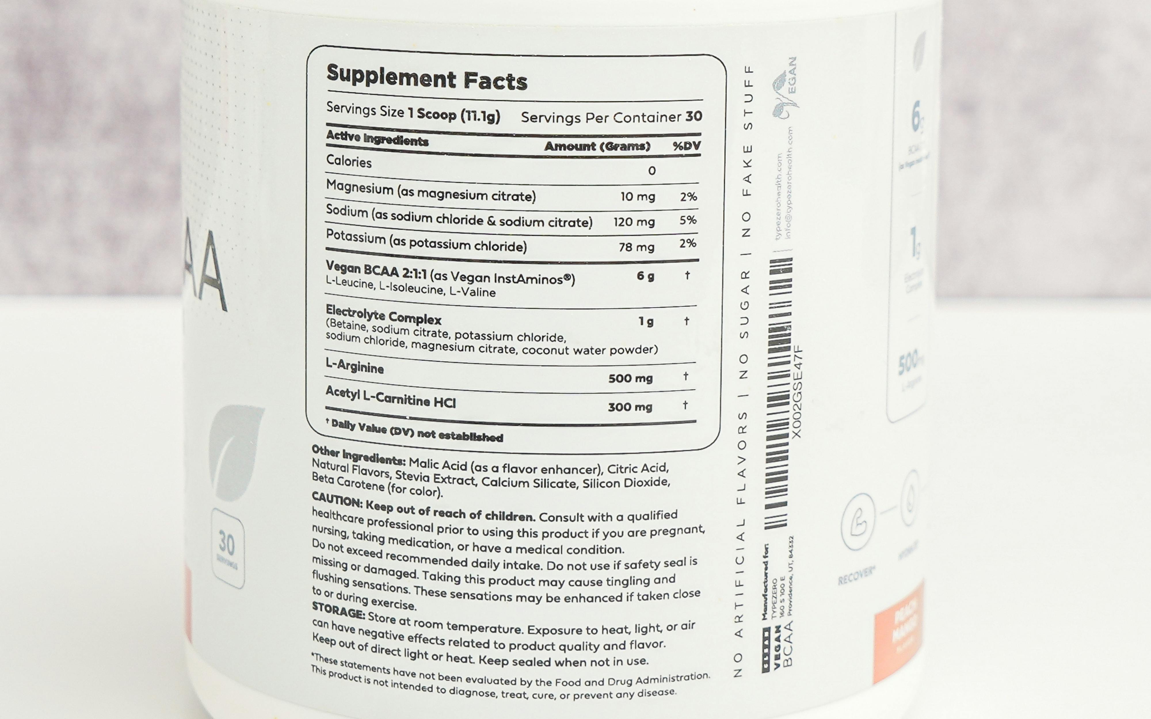 Type Zero Clean Vegan BCAAs ingredients label