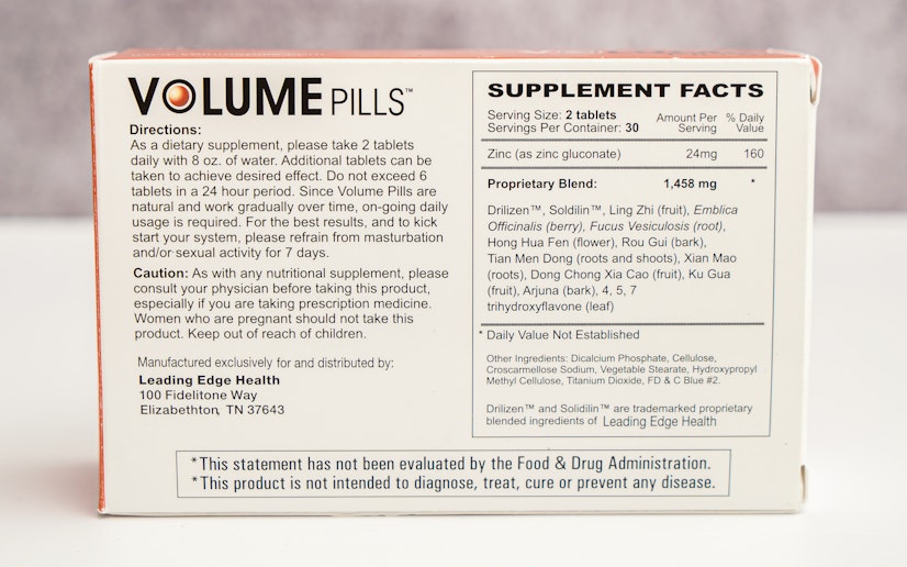 Volume Pills supplement facts and ingredients list showing zinc and proprietary herbal blend